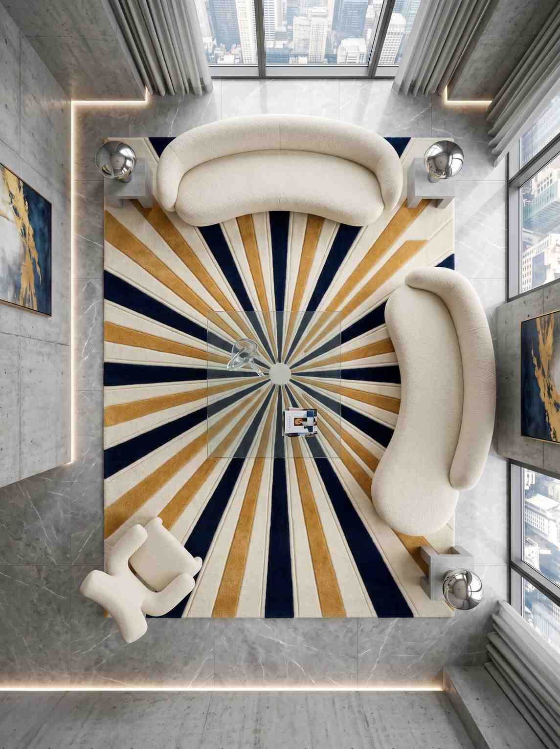 Mid-century modern sunburst area rug featuring radiating stripes in navy blue, mustard gold, and cream in a cozy living room with a stone fireplace.