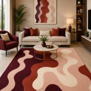 Modern wavy abstract area rug featuring fluid organic lines in deep wine red, terracotta, blush pink, and soft cream in an elegant living room setting.